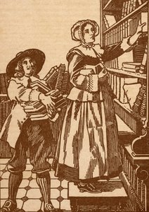 Librai maschi e femmine che lavorano in una libreria del XVII secolo da English School