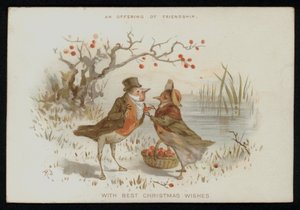 Pettirossi maschio e femmina in costume. Cartolina di auguri di Natale da English School