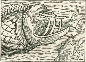 Uomo mangiato da un serpente marino. Illustrazione trovata sul margine di una mappa preparata da Olaus Magnus