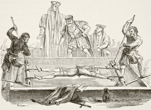 Uomo torturato sulla rastrelliera, da "The National and Domestic History of England" di William Hickman Smith Aubrey (1858-1916) pubblicato a Londra, 1890 circa (litografia) da English School