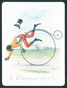 Uomo che cade da un Penny Farthing, biglietto di Natale da English School