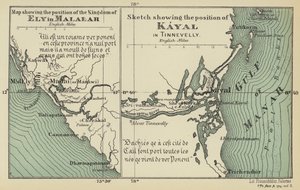 Mappa che mostra la posizione del Regno di Ely in Malabar, Schizzo che mostra la posizione di Kayal in Tinnevelly (litografia a colori) da English School