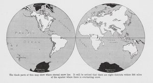 Mappa che mostra dove si trova la neve eterna (litografia) da English School
