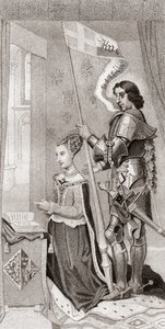 Margherita di Danimarca con San Canuto, patrono della Danimarca, dietro di lei con uno stendardo che mostra la croce delle crociate da English School