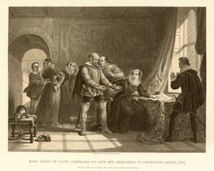 Maria Stuarda costretta a firmare la sua abdicazione nel Castello di Lochleven
