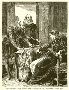 Maria Stuarda firma la sua abdicazione, al castello di Lochleven, 1567 da English School