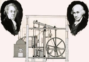 Matthew Boulton e James Watt con uno dei motori a vapore brevettati