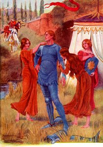 Cavaliere medievale, Stella del Mattino preparata per la battaglia. Illustrazione colorata dalla storia di Gareth e Lynette dal libro The Gateway to Tennyson pubblicato nel 1910. da English School
