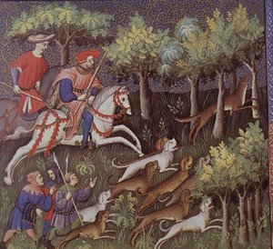 Aristocratici medievali che cacciano volpi da English School