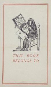 Scrivano medievale che lavora su un manoscritto, etichetta di proprietà del libro (litografia a colori)