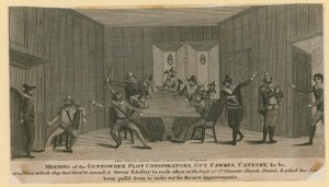 Incontro dei cospiratori della Congiura delle Polveri, Guy Fawkes, Catesby, ecc.