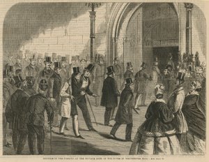 Membri dei Comuni alla porta privata della Camera in Westminster Hall da English School