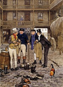 I membri del club Pickwick incontrano Sam Willer Illustrazione delle opere di Charles Dickens (1812-1870) dalla scuola inglese. 1837 Collezione privata