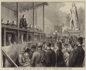 Statua commemorativa del defunto conte di Derby, discorso inaugurale di Mr Disraeli da English School