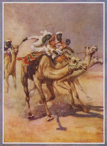 Uomini che cavalcano cammelli in una corsa nel deserto