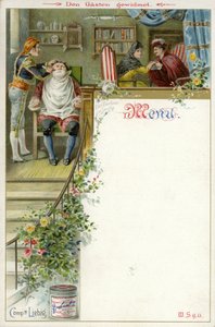 Menu con una scena da Il barbiere di Siviglia e una pubblicità per Liebigs Extract of Meat da English School