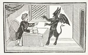 Mefistofele arriva a casa del Dottore, illustrazione da Chap-books of the Eighteenth Century di John Ashton, pub. 1882