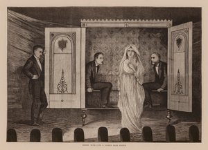 I signori Maskelyne e Cookes, seduta spiritica al buio (incisione)