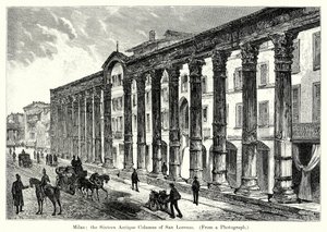 Milano: le sedici colonne antiche di San Lorenzo (incisione) da English School