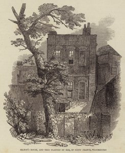 Casa di Milton e albero piantato da lui, in Petty France, Westminster (incisione) da English School