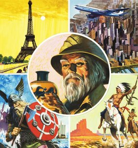 Montaggio con Torre Eiffel, aeroplano, guerriero vichingo, indiano e archeologo da English School