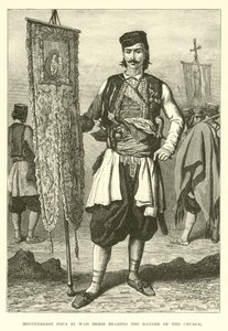 Popa montenegrino in abito da guerra con lo stendardo della Chiesa