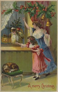 Madre e figlia che salutano Babbo Natale (cromolitografia) da English School
