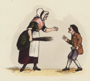 Madre, o maestra di scuola, che disciplina un ragazzo con un libro di corno (incisione colorata) da English School