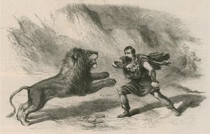 Mr Crockett, il domatore di leoni, si esibisce con i suoi leoni al Teatro di Astley, Londra da English School