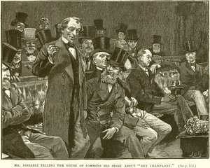Il Sig. Disraeli che racconta alla Camera dei Comuni la sua storia sullo champagne secco da English School