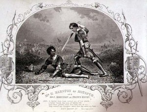 Mr. H. Marston come Hotspur e Mr. F. Robinson come Principe Enrico, Atto V Scena 4 da Enrico IV (Parte I) da un dagherrotipo di Paine di Islington, pub. da John Tallis & Co. (litografia)