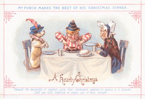Mr Punch seduto per la cena di Natale, cartolina di Natale da English School
