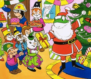 Mr Toad che distribuisce regali di Natale da English School