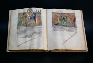 Ms L.A. 139-Lisboa fol.37v-38 La bestia che bestemmia il nome di Dio e il popolo che adora la 3ª e la 2ª bestia, dall