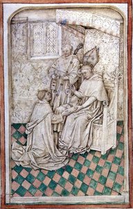 Ms R 14.5 f.8v Thomas Bekynton, Vescovo di Bath e Wells, riceve Chaundler, dal Messale di Abingdon, 1457-61 da English School