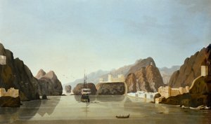 Veduta del porto di Muscat con una fregata britannica all