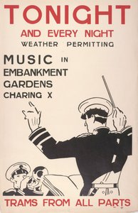 Musica nei giardini di Embankment, Charing Cross, tram da tutte le parti da English School