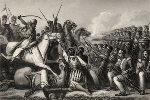 Cavalleria ribelle che attacca una piazza di fanteria nella Battaglia di Cawnpore nel 1857, da 