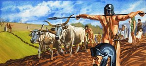 Soldato nudo sorveglia uomini e donne che lavorano nei campi