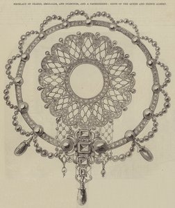 Collana di perle, smeraldi e diamanti, e un cachepeigne, doni della Regina e del Principe Alberto (incisione) da English School