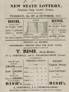 Nuova Lotteria di Stato, gestita da T. Bish, broker, 4 Cornhill e 9 Charing Cross, Londra da English School