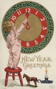 Cartolina di Capodanno con un bambino che cambia un orologio da English School