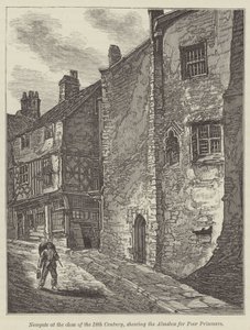 Newgate alla fine del XVIII secolo, con la cassetta delle elemosine per i poveri prigionieri (incisione) da English School