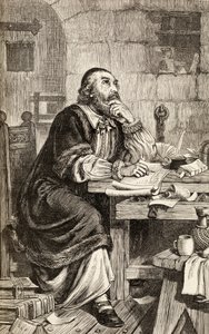Nicholas Ridley scrive lettere in prigione in attesa della sua esecuzione, c.1865 da English School