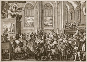 Oliver Cromwell che predica a una congregazione puritana, illustrazione da The Church of England: A History for the People di H.D.M. Spence-Jones da English School