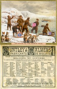 In rotta verso il Polo Nord, fronte e retro di una carta promozionale per i biscotti Huntley & Palmers, prodotta per il mercato francese, 1890