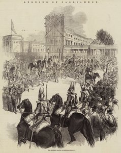 Apertura del Parlamento, Sua Maestà lascia Buckingham Palace (incisione) da English School