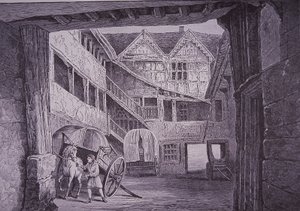 Stalliere che si prende cura del cavallo nel cortile del New Inn, Gloucester da English School