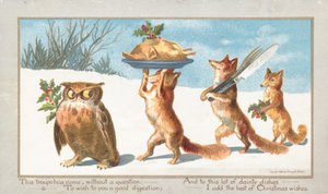 Gufo e volpi che portano il banchetto di Natale da English School