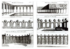 Progetti di palizzate, da Theory and Practice of Gardening, di Antoine-Joseph Dezallier D